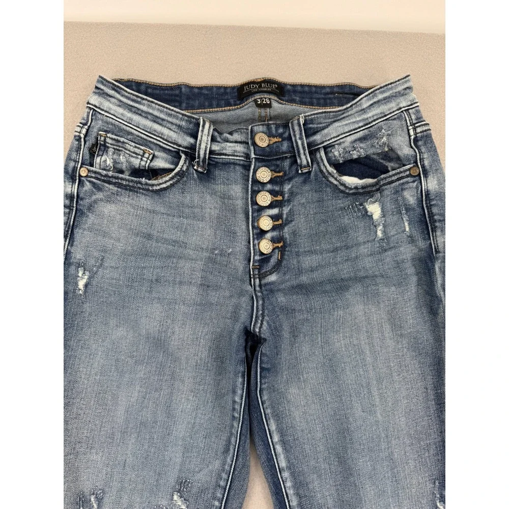 Judy Blue Mid Rise Button Fly Distressed Boyfriend Jeans Womens 3/26 (28x32)